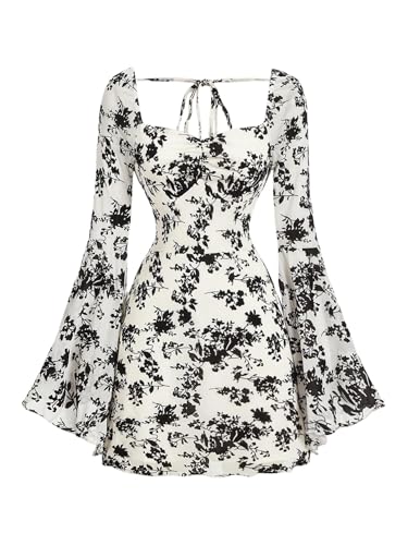 Image of WDIRARA Women's Floral Jacquard Mesh Gothic Dress Bell Long Sleeve A Line Vintage Dresses