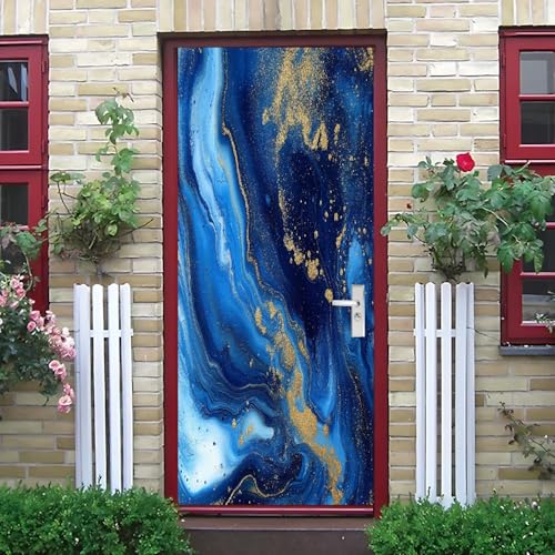 Masquer les défauts d'une porte : sticker mural marbre bleu 3D 85x205 - 5