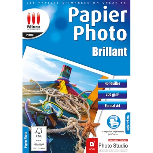 Micro Application - Papier Photo Finition Brillante - Format A4 - Pack Économique - Grammage 200 g/m² - Compatible pour impressions jet d'encre - 40 Feuilles
