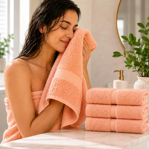 Image of Sulfar 100% Combed Cotton, Quick Drying Highly Absorbent, Luxury Hand Towel Set (Pack of 4, 40 X 70 cm) Tender Peach