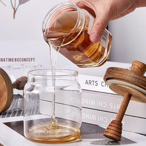 ASTRQLE 400ML 13.5OZGlass Honey Pot Airtight Honey Jars Honey Dispenser Honey Syrup Containers Bottle with Dipper Stick and Wooden Lid Mason Jar for Home Kitchen - Thumbnail 3