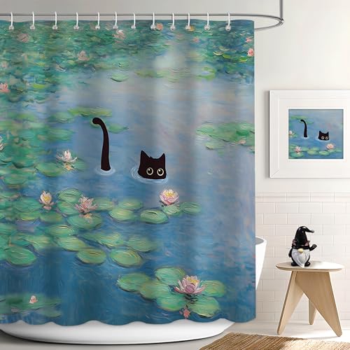 APROPHIC Cat Shower Curtain Boho Modern Cute Girly Bathroom Curtain Black Cartoon Cat Lotus Leaves and Flowers Pond Curtain Set Waterproof Bathroom Home Decor Set with Hooks 72X72 Inches