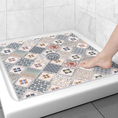 Image of Square Shower Mat Non Slip: 31x31 Inch Extra Large Shower Floor Mat with Drain Hole in Middle - Soft PVC Loofah Bath Mat for Shower - Anti Slip Shower Stall Mat for Elderly and Kids