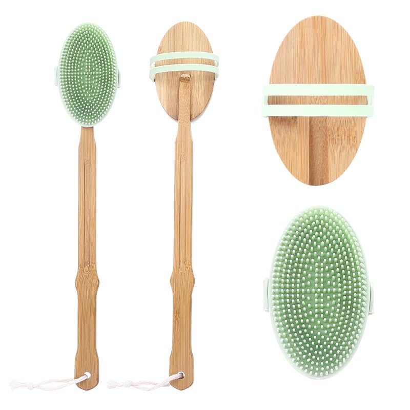 Innoco Back Scrubber for Shower - Silicone Body Scrubber with Soft Bristles, Detachable Bamboo Handle - 2 in 1 Exfoliating Body Scrubber for Smooth