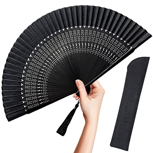 OMyTea Folding Hand Fan for Women - Foldable Chinese Japanese Vintage Bamboo Silk Fan - for Hot Flash, Church, EDM, Music Festival, Party, Dance, Performance, Decoration, Gift (Sexy Black)