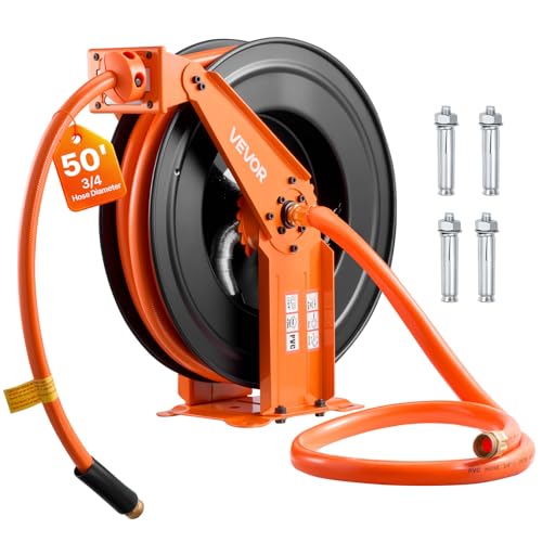 VEVOR Retractable Air Hose Reel 3/4 Inch x 50 FT PVC Air Hose Max 300PSI Auto Rewind Air-Compressor Hoses Reel with 5 ft Lead in Ceiling/Wall Mount Heavy Duty Steel Double Arm