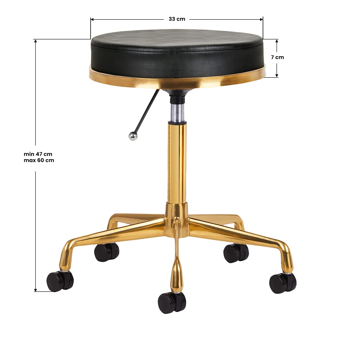ACTIVESHOP Kosmetikhocker Hocker Schwarz Gold Metall Kunstleder Sitz H4 Höhe 47-60 cm Breite 33 cm Rollhocker Drehhocker Arbeitshocker Kosmetikstuhl Friseurhocker Klassisch Tufted