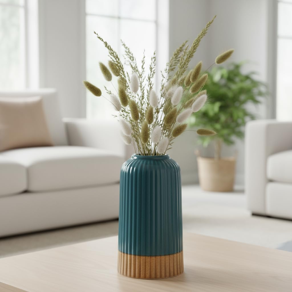 PUREZENTO 'EmeraldDuo' Ceramic Ribbed Vase - 6 Inch (Pack of 1) | Decorative Ribbed Vase for Dried Flowers & Pampas Grass | Centerpiece Vases for Modern Home Decor, Living Room, Office Decor Ideas
