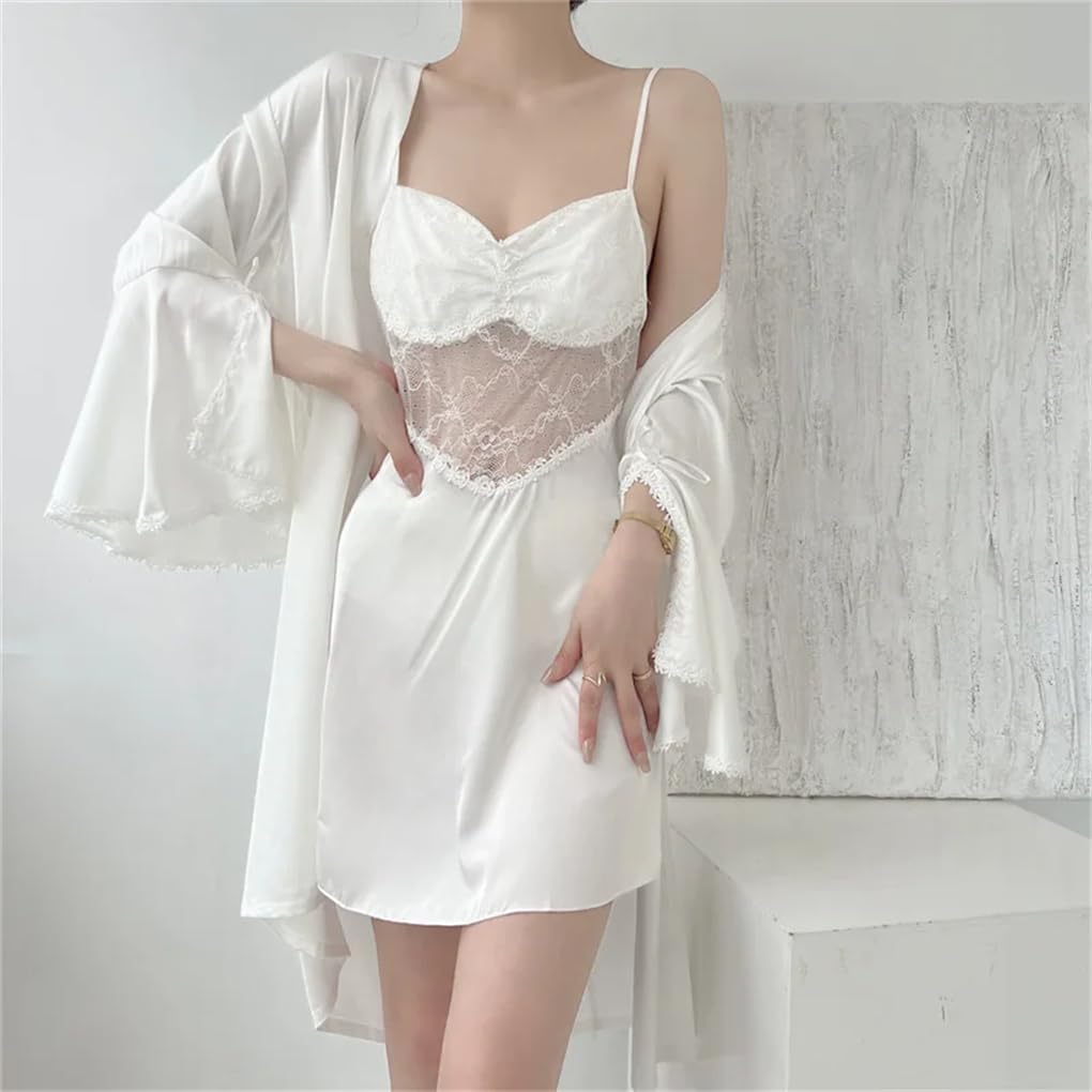 Fulbant Women'S Solid Two Pieces Robe Gown Sets Silk Satin Lace Nightgowns Lingerie Suits
