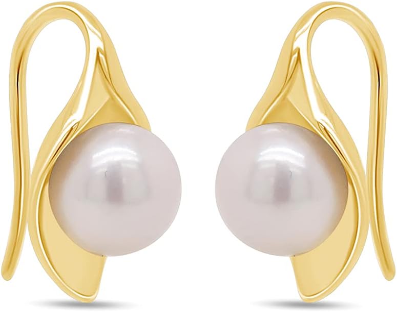 AFFY 10MM Round Freshwater Cultured Pearl Leaf Crawler Earrings In 14K Gold Plated 925 Sterling Silver Jewelry For Women