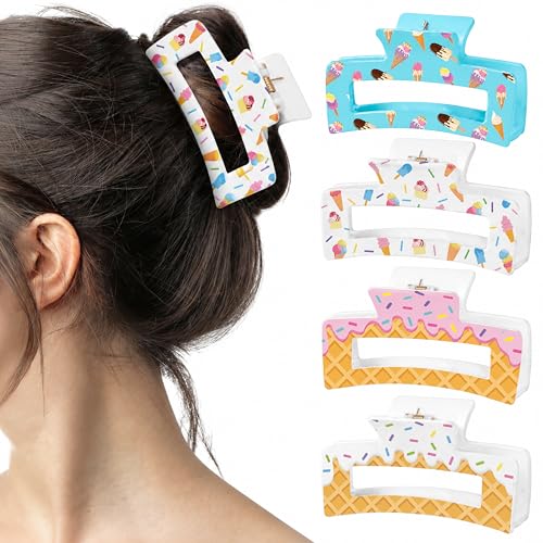 PANTIDE 4Pcs Ice Cream Hair Claw Clips for Women Girls - Summer Cute Sweet Candy Rectangle Nonslip Acrylic Hair Clip, Thin Thick Short Long Curly Accessories, Birthday Party Ice Cream Lovers Gifts