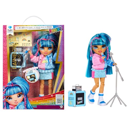 Rainbow High Jr High Rock Band - Skyler, Blue 9” Fashion Doll with Microphone Plus Stand and Amp, Customize with Stickers, Posable, Great Toy Gift for Kids Ages 4+
