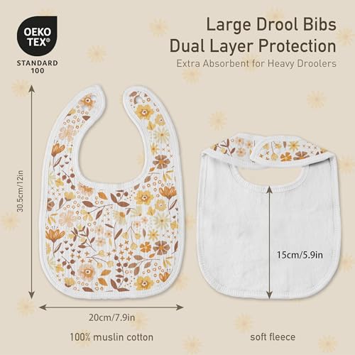 Image of Muslin Bibs for Baby Boy Girl, Adjustable Fit for Drooling and Teething | 6Pk, 100% Soft Cotton Surface & Multi-Layer Absorbent Core, Shrink-resistant & Fade-Proof, Gentle on Sensitive Newborn skin