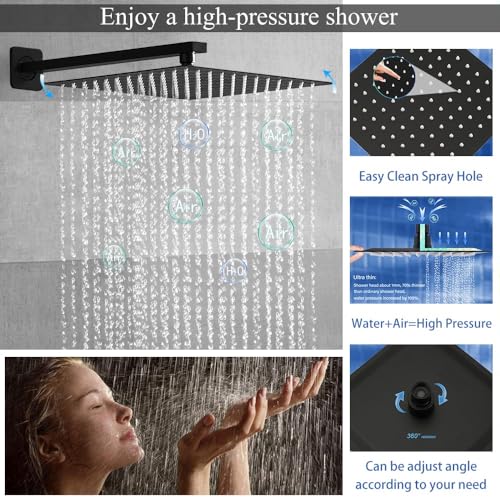 Image of Shower Faucet Set 16 Inch Wall Mount Rain Shower System, All Metal Shower Fixtures - Matte Black