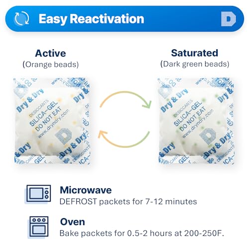 Image of Dry & Dry 50 Gram [5 Packs] Orange Indicating Mixed Silica Gel Packets Siilca Gel Desiccant - Rechargeable Moisture Absorbers for Food Storage, Electronics, 3D Filament & Safes