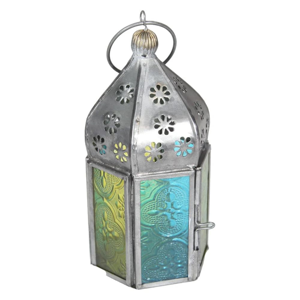 Moroccan Tea Light Lantern | Mini Glass Lantern | Colorful & Intricate | Decorative Lanterns | Moroccan Decor | Ramadan Decor | Diwali Decor | Home Decor (Green/Blue)