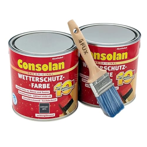 FarbenFux Consolan Wetterschutzfarbe 5 Liter Set inkl Profi Flachpinsel, deckender Holzschutz für Außen in allen Farbtönen (Anthrazitgrau)