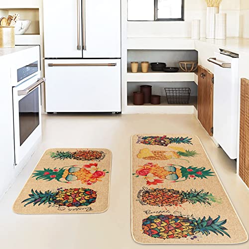 Melajia Kitchen Rugs And Mats Non Skid Washable Sets With Rubber Backing Pineapple Kitchen Mat Set Of 2 Farmhouse Low-Profile Floor Mat For Home Front Door Holiday Decor(17X29 +17X47 Inch #TOP2