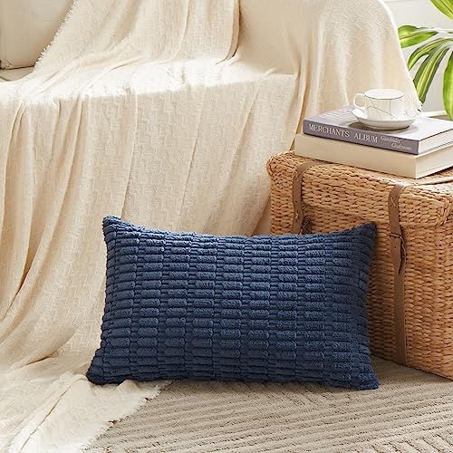 Fancy Homi Dusty Blue Lumbar Decorative Throw Pillow Covers 14x24 Inch for Living Room Couch Bed Sofa, Rustic Farmhouse Boho Home Decor, Soft Striped Corduroy Rectangle Cushion Case 35x60 cm