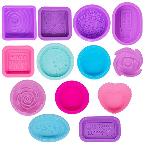 13 Moldes de Silicona para Hacer Jabón, Molde de Jabón Reutilizable, para Cupcakes, Chocolate, Muffins, Postres, Velas, Manualidades, Rectangulares, Cuadrados, Redondos, Ovalados Cover