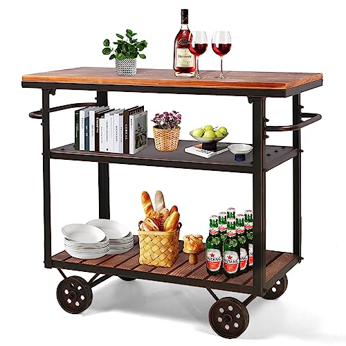 LOKKHAN Rolling Bar Cart with Handle 3 Tier Home Kitchen Microwave Cart Island On Wheels Mobile Serving Cart Beverage Cart Coffee Station MetalWood Industrial BlackRustic Brown