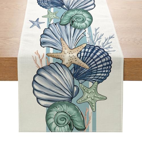 Chemin de table imprimé vie marine - Créatures océaniques d'été - Décoration en polyester - Pieuvre, étoile de mer, coquillages - Petite nappe pour...