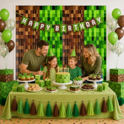 Image of 4 Pack Pixel Miner Theme Foil Fringe Curtains Video Game Birthday Decorations for Boys, Green Brown Tinsel Door Streamers for Gaming Party Photo Booth Backdrop Supplies