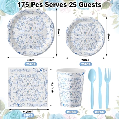 175 Pcs Something Blue Bridal Shower Party Tableware Sets Blue White Paper Plates Cup and Napkins Bridal Shower Disposable Tableware for 25 Guests for Wedding Engagement Bachelorette Party Supplies