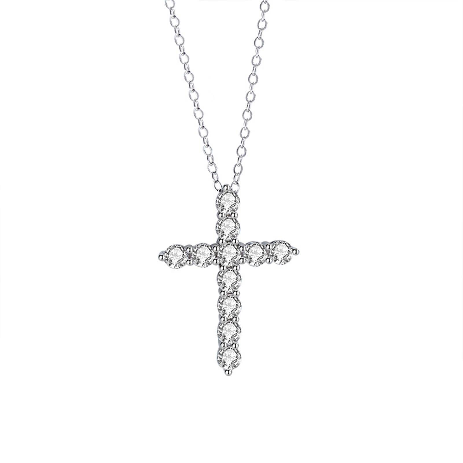 9K / 14K / 18K White Gold Necklace Women, Moissanite Cross, Silver Pendant Necklace for Women