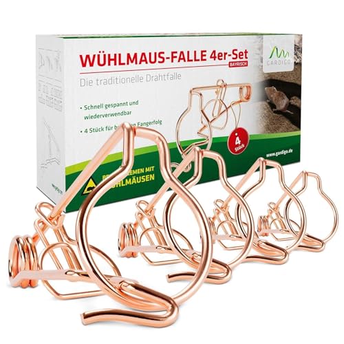 GARDIGO® Wühlmausfalle 4er Set Bayrische Form aus Kupfer I 5,5 x 8 x 15,5 cm I Wiederverwendbare Wühlmausfallen zum Wühlmäuse bekämpfen I...