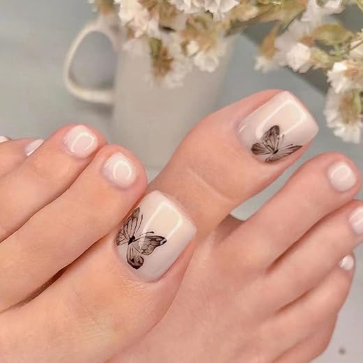 White Press on Toenails Short Fake Nails Black Butterfly Coffin False ToeNails with Glue Glossy Acrylic Stick on Nails Full Cover Nude Toe Nail Tips Summer Artificial Glue on Toe Nails for Girl 24Pcs