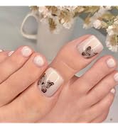 LANOVA White Press on Toenails Short Length,Black Butterfly Fake Toe Nails Square Acrylic Stick o...