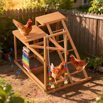 Chicken Perch with Swing, Chicken Roosting Bars, Wood Toy for 3-4 Birds, Hen Ladder & Activity Play, Chickens for Coop with Multiple Perches & Feeder, Suitable for Backyard Farm