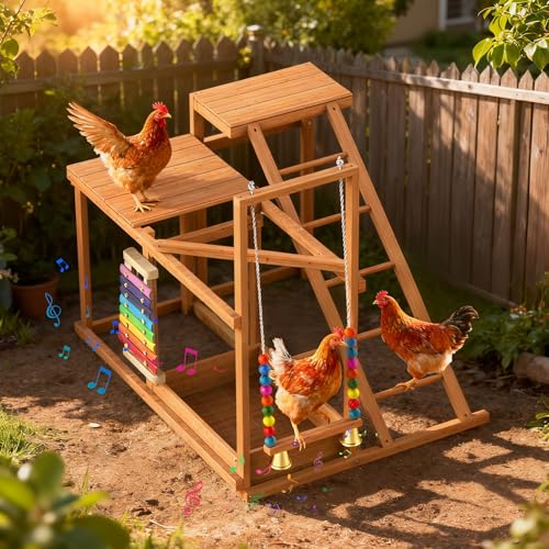 Chicken Perch with Swing Chicken Roosting Bars Wood Toy for 3-4 Birds Hen Ladder & Activity Play Chickens for Coop with Multiple Perches & Feeder Suitable for Backyard Farm