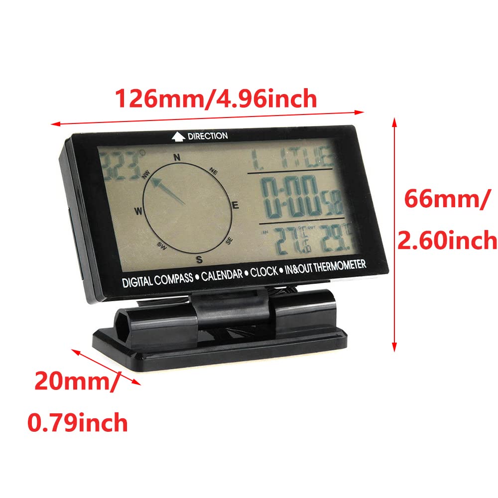 Riloer Thermomètre numérique de voiture noir avec grand écran LCD de 3,9 pouces, rétro-éclairage bleu horloge boussole