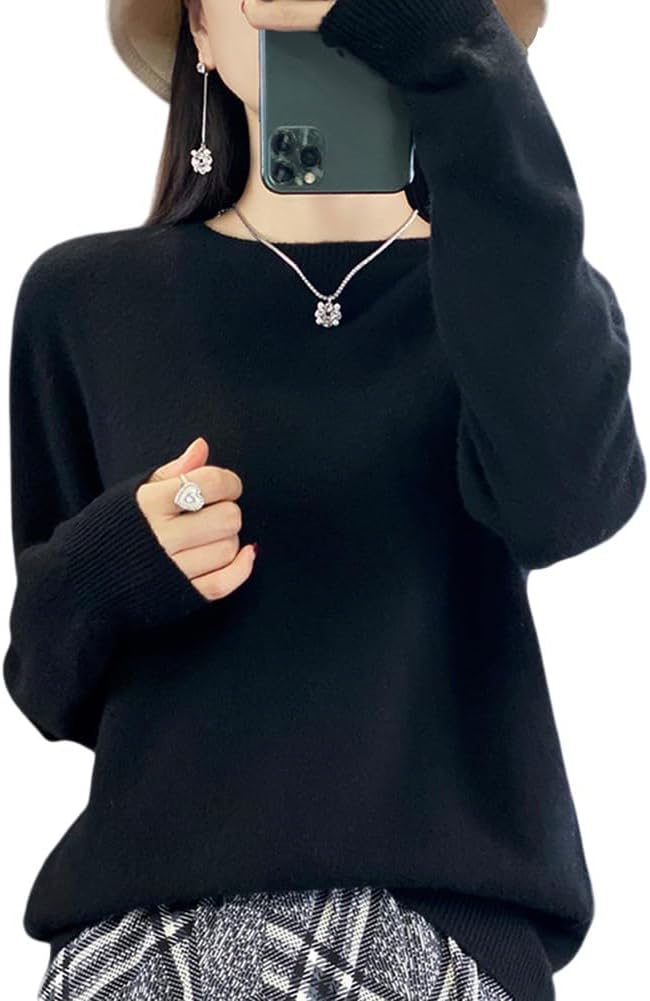 100% Merino Wool Sweaters Women's Fall Winter Warm Soft Knitted Loose Pullover Round Neck Long Sleeves(202)