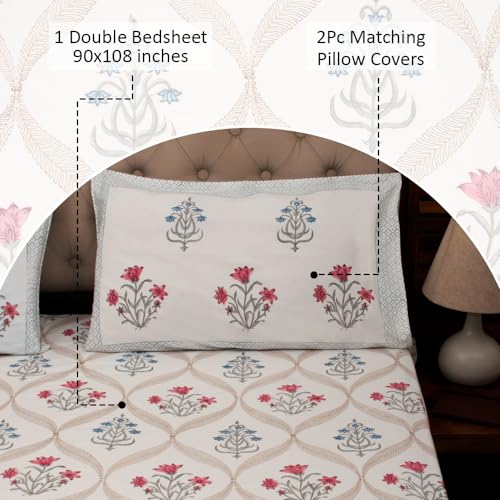 Image of Premium Bedsheet with 2 Pillow Covers I Hand Block I Pure & Soft Percale Cotton I 300 TC I 90x108 inches (King Size Double Bed Bedcover) I Floral Pattern I Pink & Blue