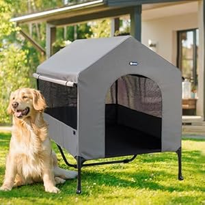 Veehoo 47″ Dog House, 2-in-1 X-Large Dog House Outdoor Indoor Weatherproof, Outside Elevated Dog Cot Bed Dog Tent Shade, Three-Sided Breathable Mesh Windows and Sunshades, CWC2435CP