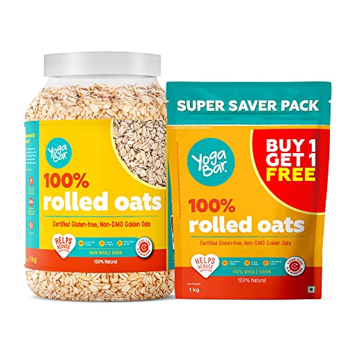 Image of Yogabar 100% Rolled Oats 1kg Buy 1 Get 1 Free | Premium Golden Rolled Oats, Gluten Free Oats with High Fibre, Non GMO | Healthy Food with No Added Sugar | Weight Management - 1 kg Each (Pack of 2)