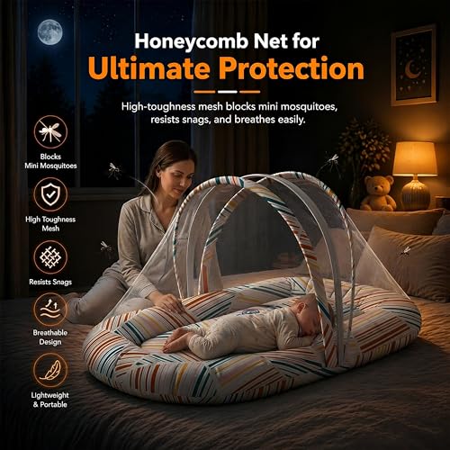 Image of StarAndDaisy 3 in 1 Baby Nest Mosquito net for Sleeping - Newborn, Mosquito net for Baby /Soft and Comfortable, Washable Cotton Design for 0-12 Months Baby (Check Print)