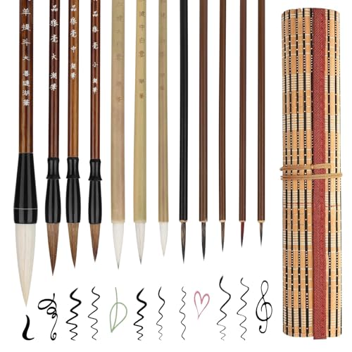 EEEKit Pinceles Caligrafia China, Set Pincel para Tinta, Pinceles de Caligrafía Acuarela Profesional TamañOs Mixto con Bolsa, 12 Piezas