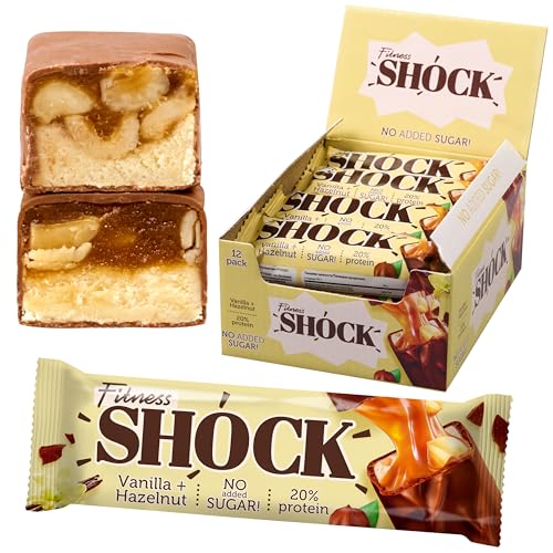 FitnesSHOCK Proteinriegel Set Protein Bar ohne Zusatz von Zucker mit hohem 20% Proteingehalt low carb Fitness Eiweissriegel fast zuckerfrei (1g) ballaststoffreich, Knusprige Haselnuss, 12x50g