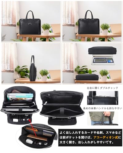 Masa Kawa 雅革 ビジネスバッグ 本革 スリム ブリーフケース 薄型 自立 Wチャック ラウンドファスナー 書類かばん A4 通勤鞄 ブラック の商品画像 4