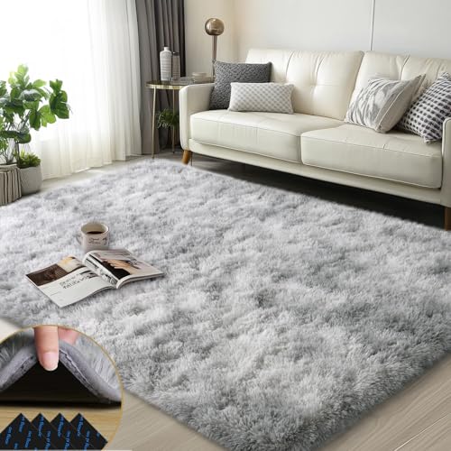 3x5 Rugs for Bedroom, Fluffy Area Rugs for Living Room, Soft Shag Kids Rug Small Carpet with 4 Non-Slip Rug Pads (Grey Tie-Dyed, 3ft x 5ft)