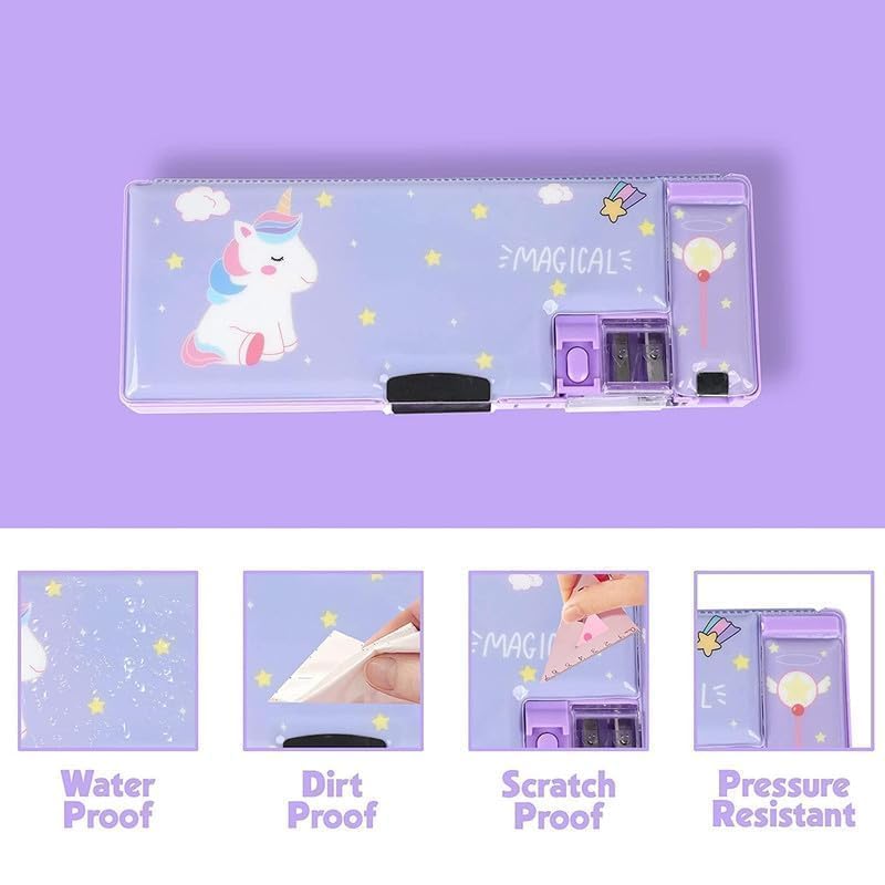 Image of Magical Multifunctional Cute School Pencil Box for Girls, Unicorn Compass Box for Boys, Magnetic Pencil Box, Aesthetic Stationary Items for Kids (Magical Purple Compass)