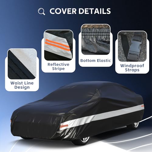 Image of Holhtly Car Cover Custom Fit for Dodge Challenger, Car Covers for Automobiles All Weather Waterproof Sun Snow Rain Wind Dust Protection, Outdoor Car Cover Black & Grey