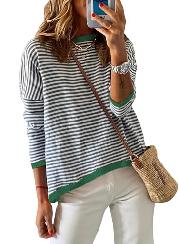 Image of Womens Striped Lightweight Cotton Sweaters Long Sleeve Crew Neck Color Block Casual Knitted Pullover Tops