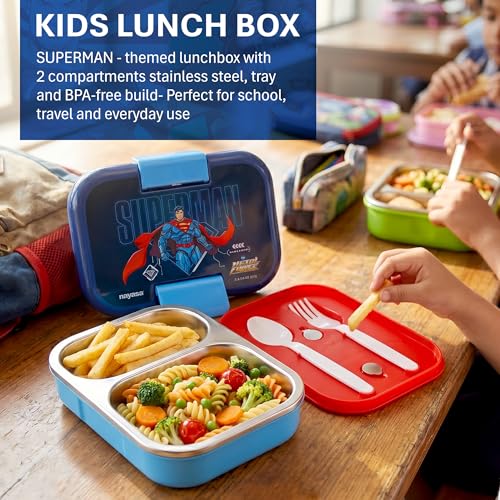Image of Nayasa Marco Super Man Print 2 Compartment Stainless Steel Insulated Lunch Box for Kids | Vacuum Sealed Leak Proof Tiffin Box | 650 ml | Blue & Dark Blue