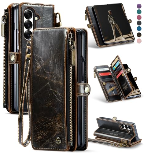 Defencase for Samsung Galaxy Z Fold 7/ Fold7 Wallet Case with RFID Blocking 10-Card Holder Fashion Soft PU Leather Magnetic Snap Flip Zipper Wrist Strap Phone Case for Galaxy Z Fold 7 5G Coffee