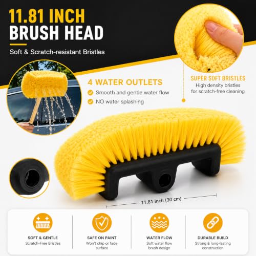 Image of Car Wash Brush with Long Handle, Scratch-Free Ultra Soft PP Bristle Mop Head, Water Flow-Thru Car Washing Brush with Hose Attachment for Exterior Cleaning Brush for Cars, Vehicle, Solar Panels